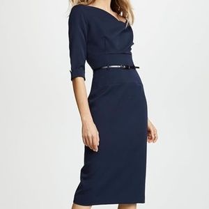 Black Halo 3/4 Sleeve Jackie O Sheath Dress Eclipse Navy Blue Size 2 (No Belt)